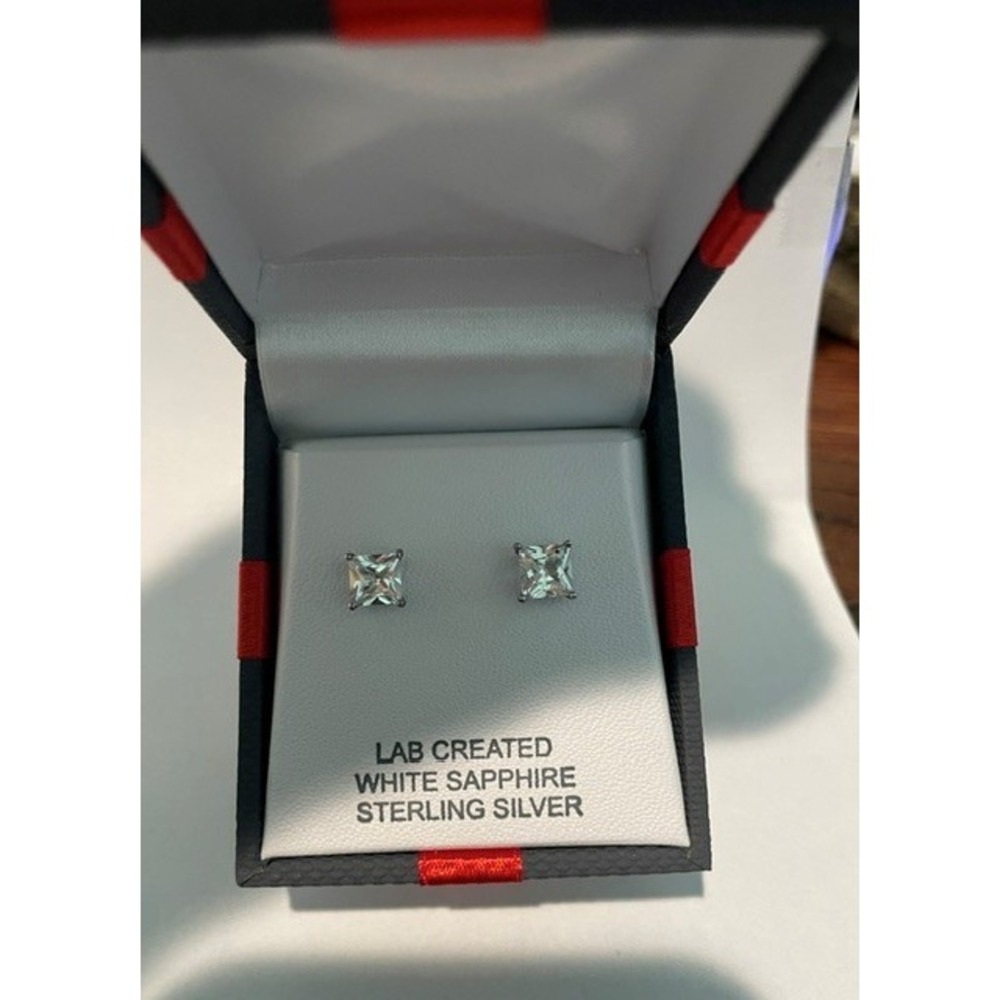 New Lab Created White Sapphire Sterling Silver Stud Earrings in Gift box